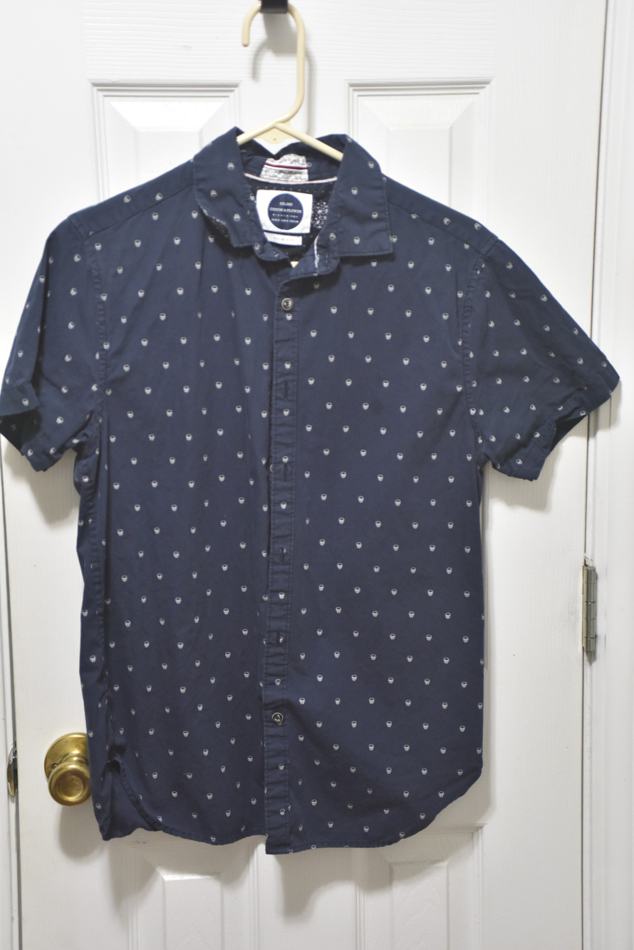 Denim & Flower Skull Print Casual Shirt Navy Slim Fit sz Small LSC235